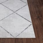 Tapis moderne gris sur parquet brun.
