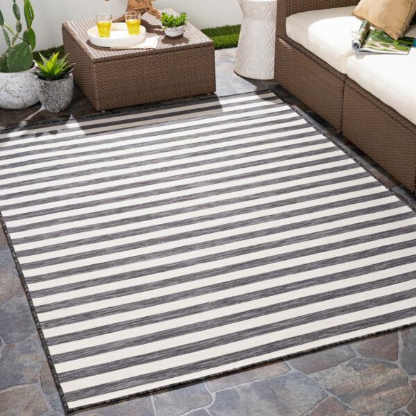 Tapis extérieur rayé noir et blanc sur terrasse.