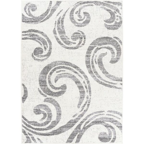 Tapis moderne à motifs arabesques gris et blancs.