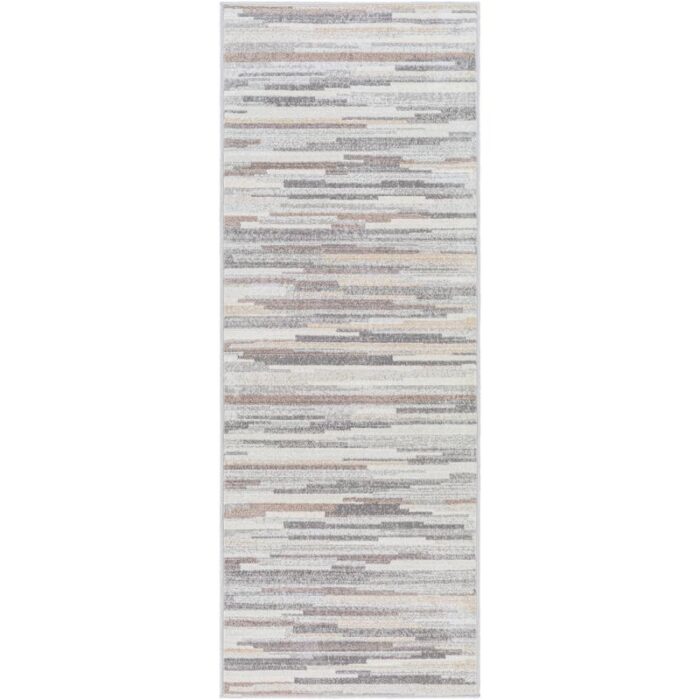 Tapis moderne à rayures gris et blanc.