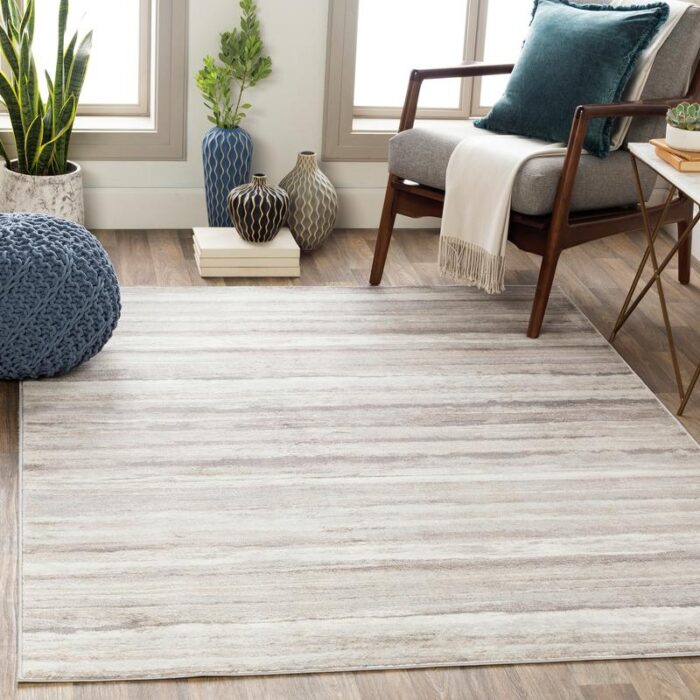 Salon moderne avec tapis beige texturé.