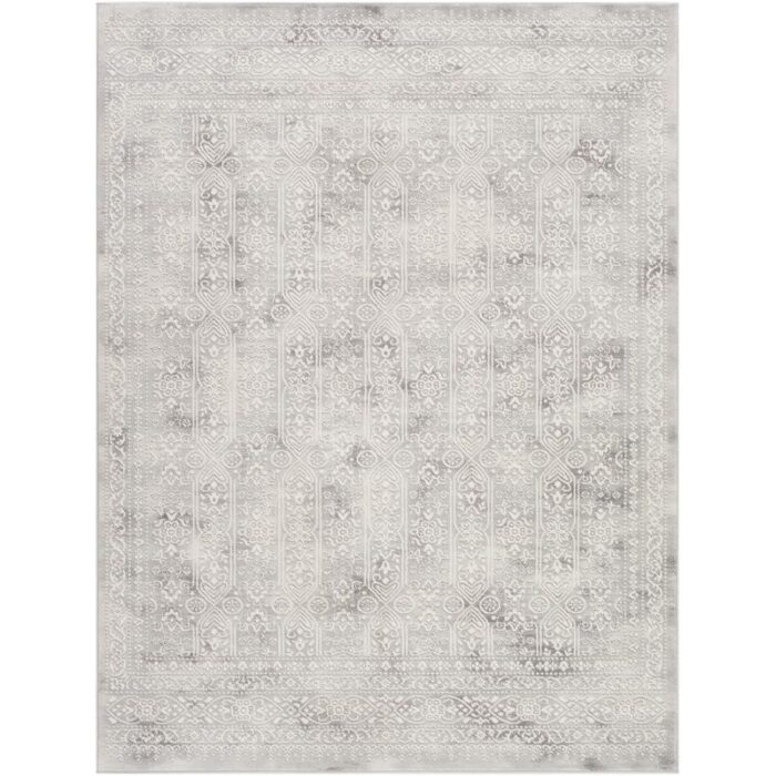 Tapis gris avec motifs vintage et élégants.