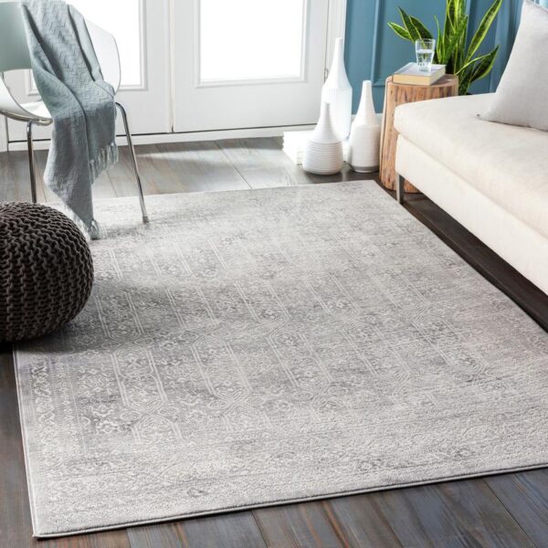 Tapis moderne gris dans salon épuré.