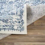 Tapis bleu et beige sur parquet en bois.