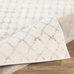 Tapis moderne blanc et gris sur sol en bois.