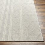Tapis beige à motifs sur parquet.
