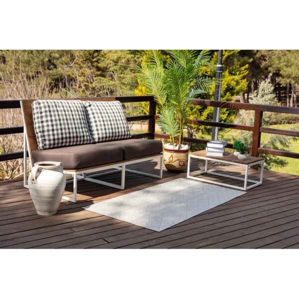 Terrasse avec canapé, table basse et plante verte.