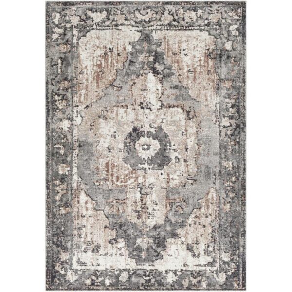 Tapis vintage gris et beige avec motifs.
