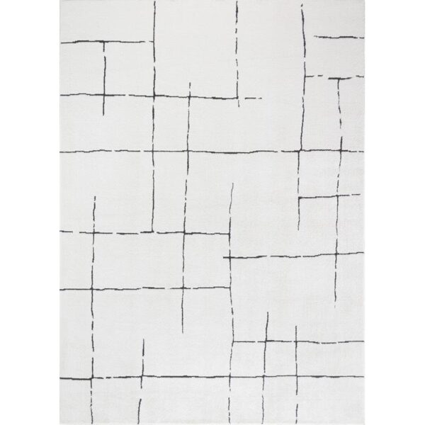 Tapis moderne blanc motif grille noir.