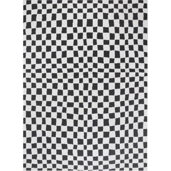 Tapis à motif damier noir et blanc.
