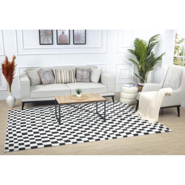 Salon moderne avec canapé et tapis à motifs.