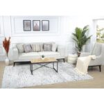 Salon moderne avec canapé, table basse et décorations.