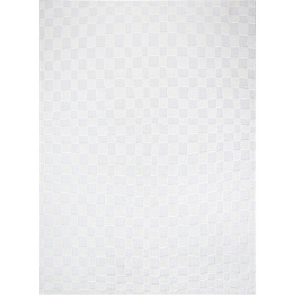 Tapis blanc à motif géométrique carré.