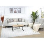 Salon moderne avec canapé et table basse en bois.