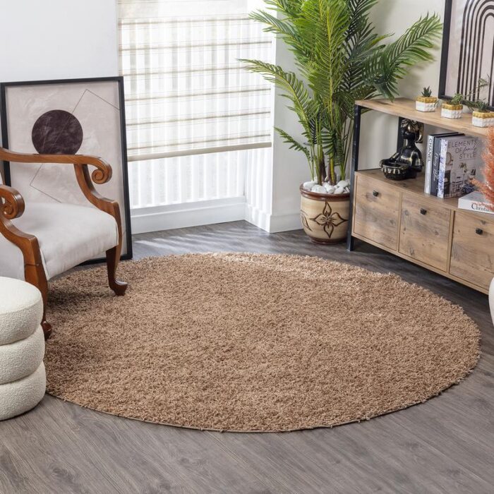 Tapis beige rond dans un salon moderne.