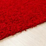 Tapis rouge moelleux sur plancher en bois.
