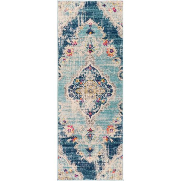 Tapis vintage à motifs orientaux bleus et multicolores.