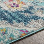 Tapis coloré à motifs sur parquet.