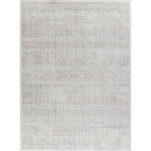 Tapis beige avec motifs géométriques traditionnels.