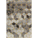 Tapis à motif géométrique en gris et doré.