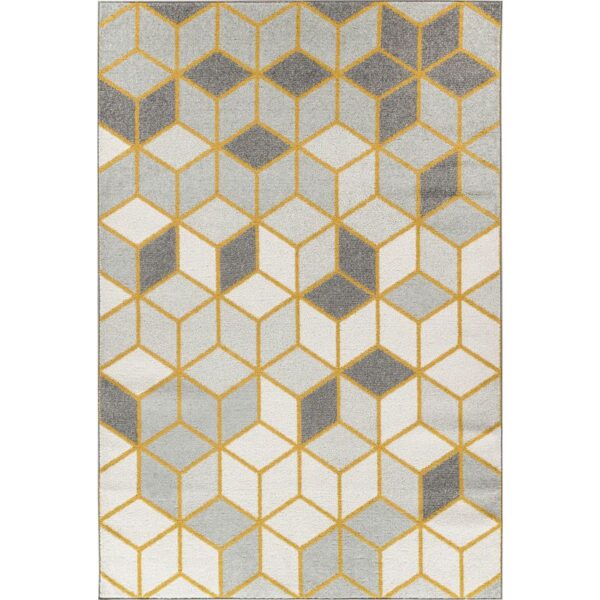 Tapis moderne géométrique doré, gris et blanc.