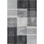 Tapis moderne gris à motifs géométriques.