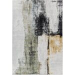 Tapis abstrait moderne aux tons gris, noir et or.