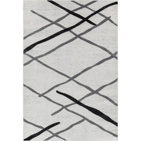 Tapis moderne gris avec motifs géométriques noirs.