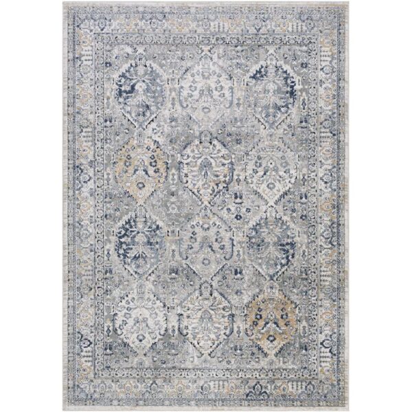 Tapis vintage orné gris et beige.