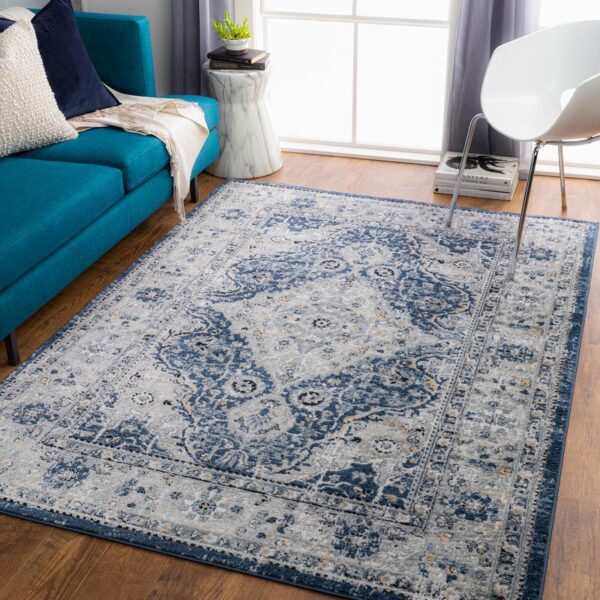 Tapis bleu et blanc dans salon moderne.