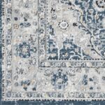 Tapis persan aux motifs traditionnels bleus et gris.