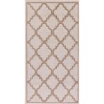 Tapis beige à motifs géométriques marrons.