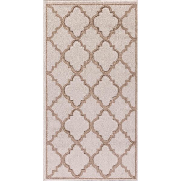 Tapis beige à motifs géométriques marrons.