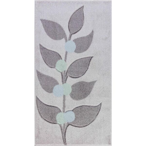 Tapis motif floral gris et bleu moderne.
