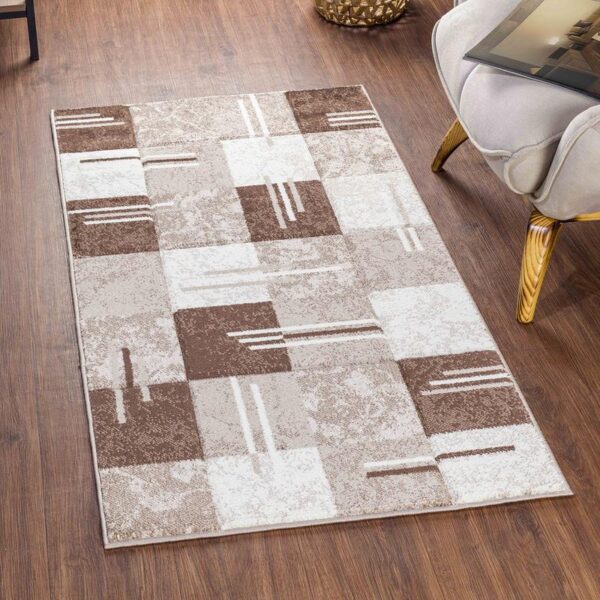 Tapis moderne géométrique marron et beige salon.