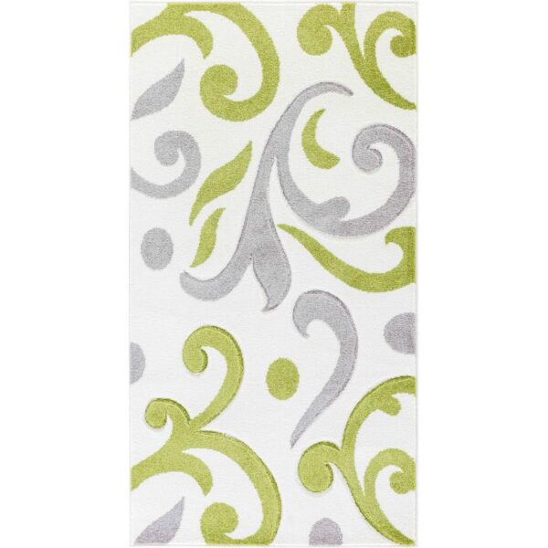 Tapis motifs arabesques vertes et grises.