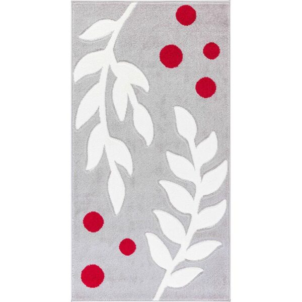 Tapis design feuilles blanches et points rouges