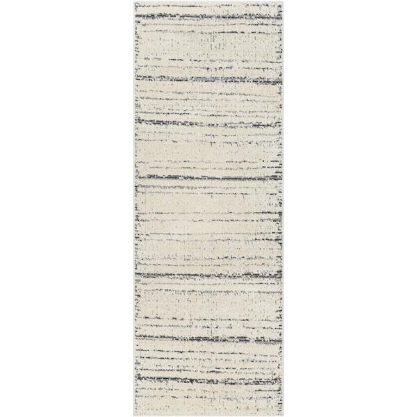 Tapis moderne texturé en nuances de blanc et gris.