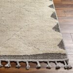 Tapis beige à motifs géométriques et franges.