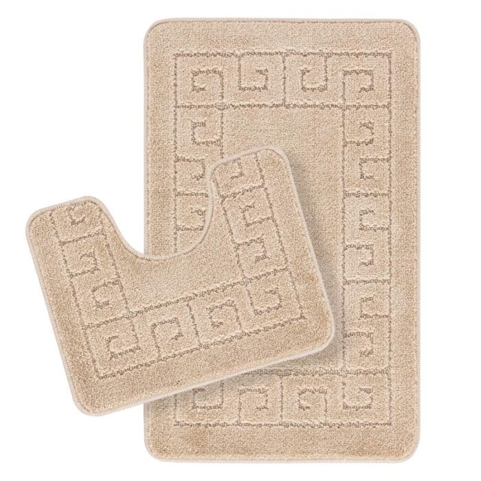 Tapis de bain beige à motif géométrique.