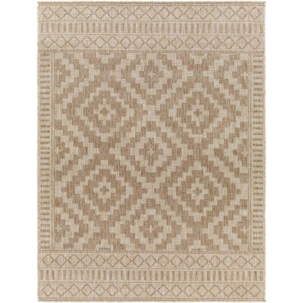 Tapis beige à motifs géométriques.