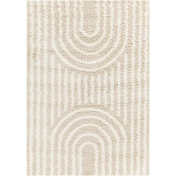 Tapis beige à motifs géométriques concentriques.