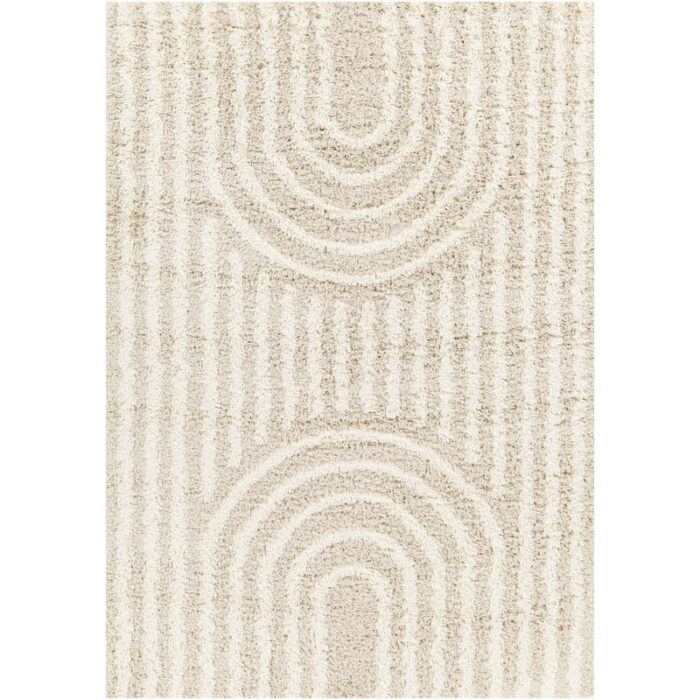 Tapis beige à motifs géométriques concentriques.