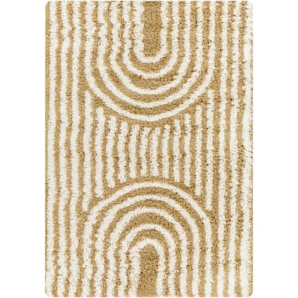 Tapis à motifs géométriques concentriques beiges.