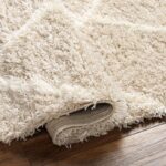 Tapis moelleux beige sur plancher en bois.