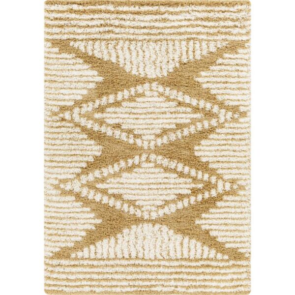 Tapis beige à motifs géométriques blancs.