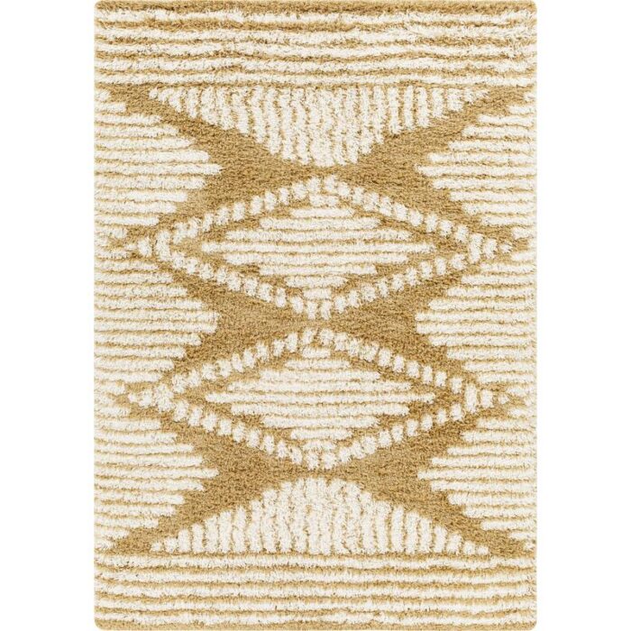 Tapis beige à motifs géométriques blancs.