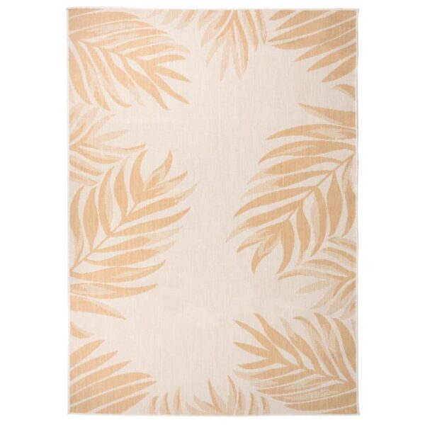 Tapis motif feuilles tropicales beige et doré.