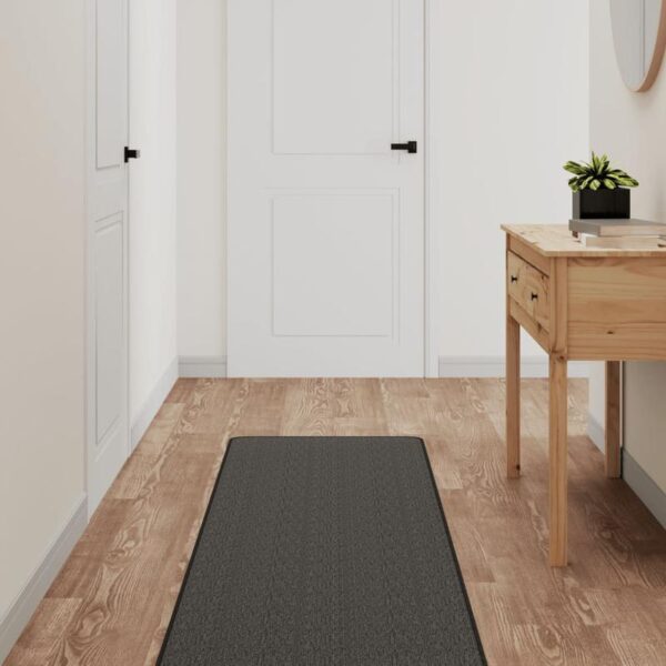 Intérieur minimaliste avec portes blanches et tapis noir.