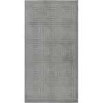 Tapis gris avec motifs géométriques carrés.